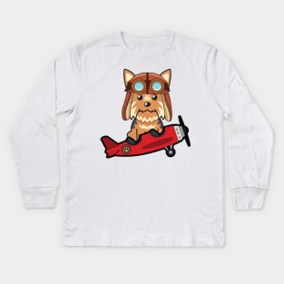 Cute yorkshire terrier is in a vintage plane Kids Long Sleeve T-Shirt